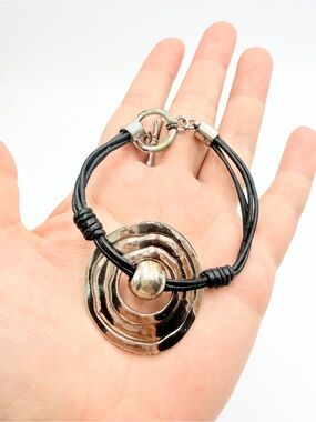 Vintage Silver Tone Hammered Disc Black Leather Statement Bracelet